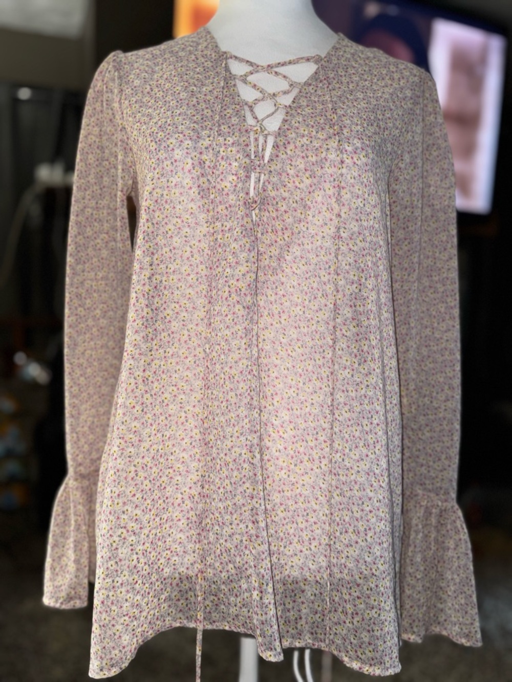 Altar'd State Light Pink Floral Lace-Up Bell Sleeve Tunic